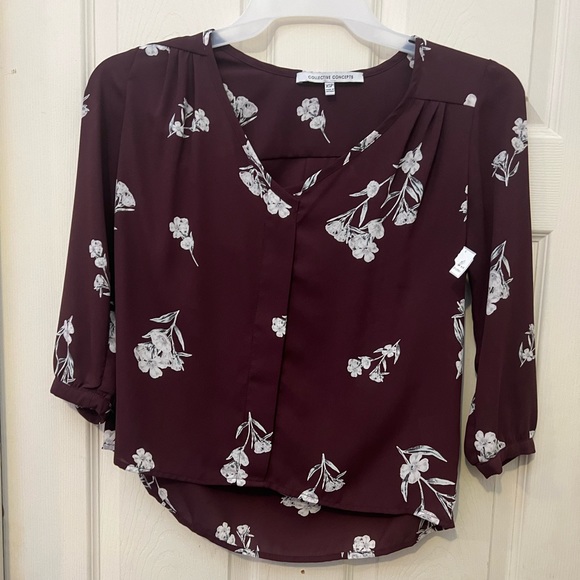 Collective Concepts Blouse Sz:XSP Burgundy Floral V-Neck 3/4 Sleeve Loose Top - Picture 1 of 2